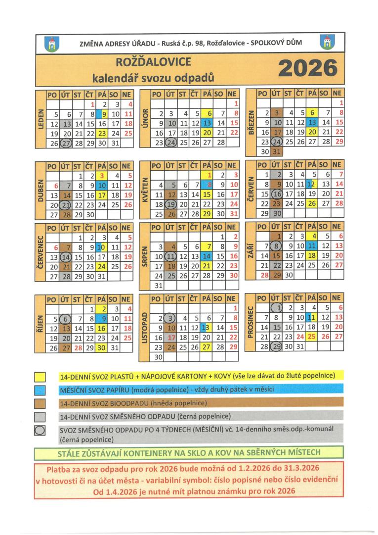 Kalendář svozu odpadů 2026